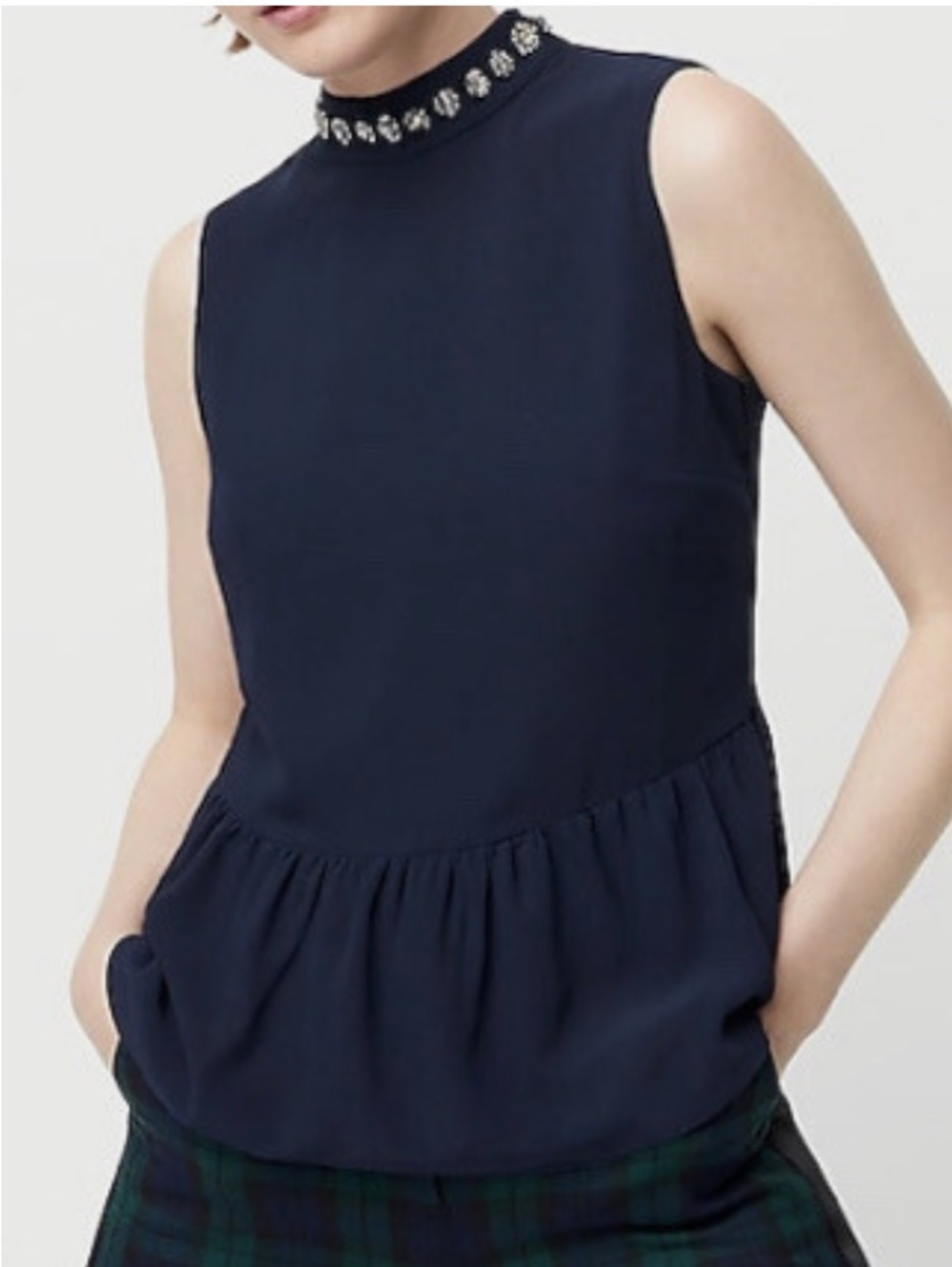 J Crew Sleeveless Navy Embellished Mock-Neck Top peplum top